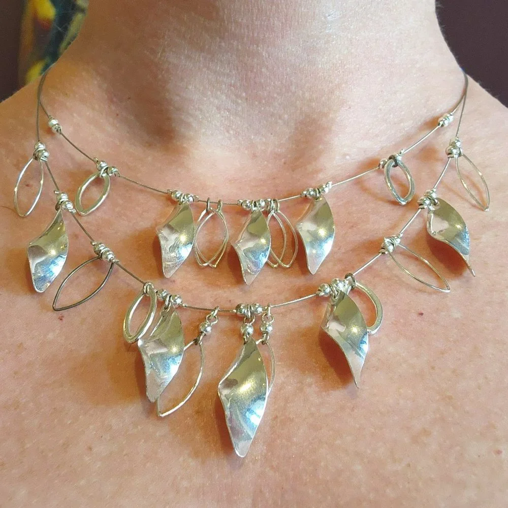 Double Layer Silver Spiral and Marquis Drop Statement Dressy Necklace